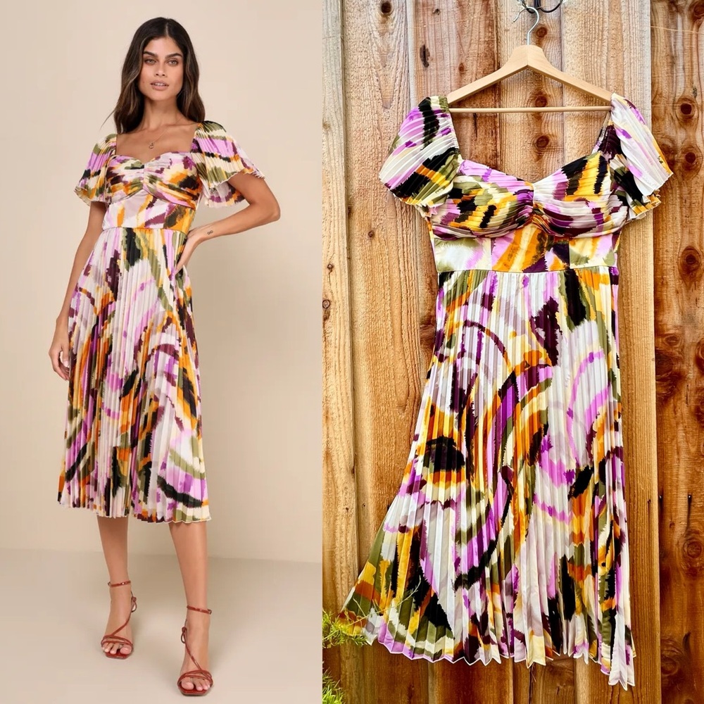 Cream Multi Abstract Print Pleated Satin Flutter-sleeve Midi Dress 🌿